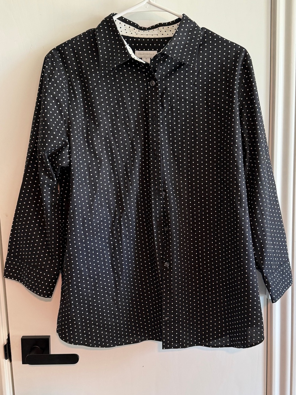 Charter Club Black Shirt with White Polka Dots size Large  (14) Career Work